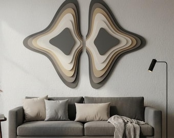 Gran relieve de mariposa en 3D - Conjunto de 2 paneles de pared abstractos en capas - Arte moderno Japandi de alas simétricas - 100 x 130 cm en total - Díptico orgánico