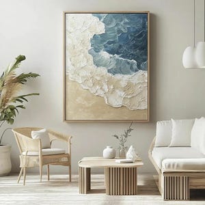 3D Wall Art Ocean Waves Textured Canvas: Large Coastal Minimalist Volumetric Relief Painting Monochrome Floating Frame