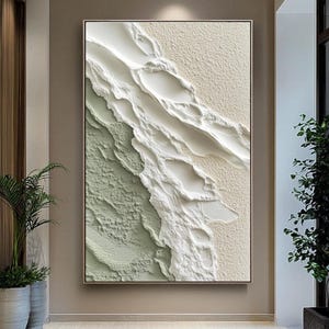 3D Wall Art Sage Green Canvas: Coastal Textured Relief Painting in Volumetric Minimalist Style, Earthy Neutral Tones