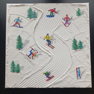 Unique Textured Ski Art Impasto Painting: 3D Mountain Ski Slope Winter Decor