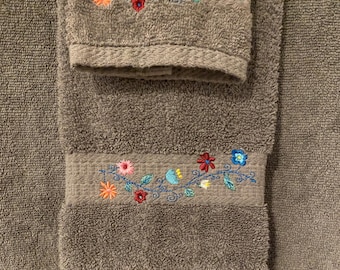 Juego de toallas de baño con estampado floral bohemio gris: 100 % algodón