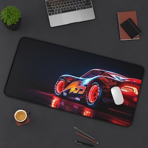 May include: Black rectangular desk mat featuring a vibrant illustration of a red and orange race car with the number 95. The car has glowing red wheels and is set against a dark background. A white mouse is on the mat.