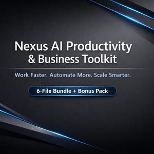 Puede incluir: Un gráfico digital con el texto Nexus AI Productivity & Business Toolkit, seguido del eslogan Work Faster. Automate More. Scale Smarter. Un fondo oscuro con acentos de luz azul incluye un botón etiquetado como 6-File Bundle + Bonus Pack.