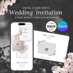 May include: Digital wedding invitation template displayed on a smartphone and tablet. The design features floral accents, RSVP details, and the names "Kevin & Jenny." The template includes a 3-page website and is customizable with Canva.