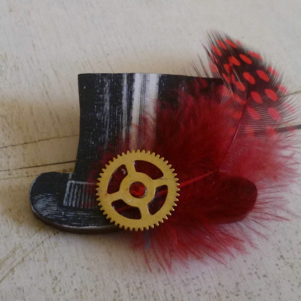 Steampunk Top Hat Brooch in Red