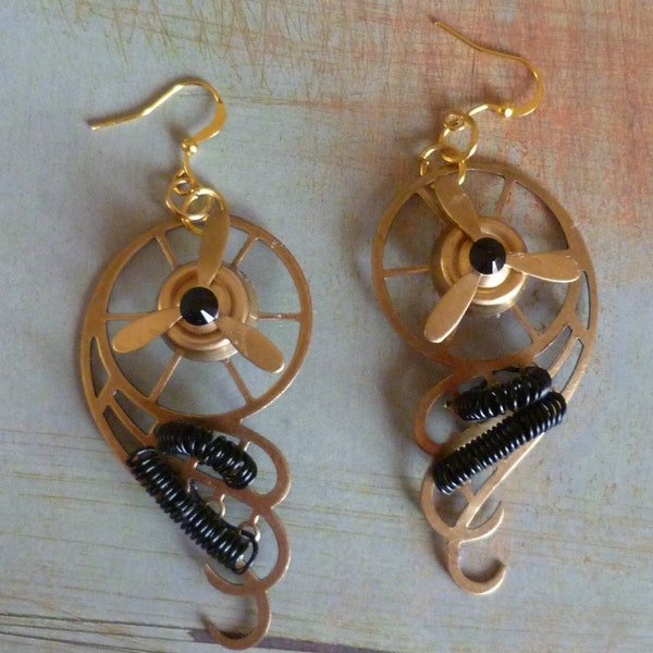 Steampunk Propellored Brass Earrings w Black Coils