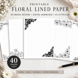 Pode incluir: Papel pautado com motivos florais imprimível, apresentando 40 designs únicos em preto e branco. O download digital inclui os tamanhos carta dos EUA e A4. Cada folha exibe ilustrações florais em tinta preta sobre papel pautado com detalhes.