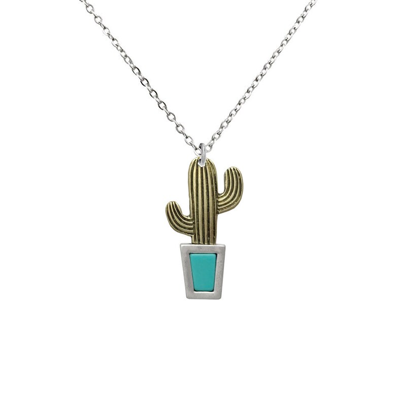 Southwest Unique Western Gift Idea Teal Cactus Necklace Mixed Metal