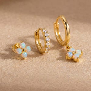 Sterling Silver Flower Earrings & Hoop Set with Opal Inlay, Dainty Floral Jewelry, Everyday Earrings, Gift for Her, Bridesmaid Jewelry.