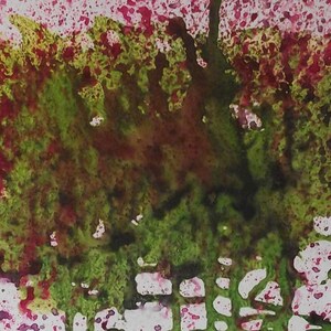 May include: Abstract watercolor painting with a central green and brown mass, resembling foliage, against a white background. Splatters of red and pink surround the central shape, creating a textured effect. The bottom edge has white, irregular shapes.