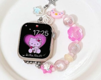 Barbie Pink Beaded Apple Watch Band, Y2K Kawaii Cat Charm Strap