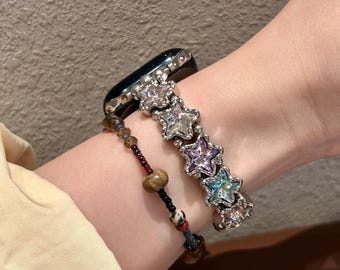 Pastel Star Crystal Y2K Apple Watch Band Fairycore Bling Watch Strap Kawaii Star Jewelry Bracelet Silver Metal Dressy Gift for Her