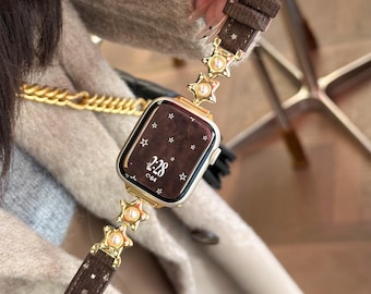 Gold Pearl Star Corduroy Apple Watch Band, Double Wrap Ribbed Fabric Strap, Mob Wife Old Money Look Statement Accessory