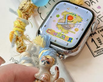 Handmade Boho Woven Apple Watch Band with Cute Cat & Cactus Charms, Eclectic Beaded iWatch Strap for Series 10 9 8 7 SE Ultra 2