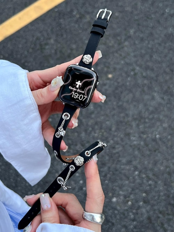 Gothic Rose & Chain Apple Watch Band - Double Stacked Leather Strap with Silver Studs Camellia Charm for Series 10/9/SE/Ultra,Black Band