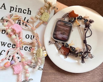 Kawaii Cat Apple Watch Band, Macrame Braided Strap, Y2K Beaded Bracelet