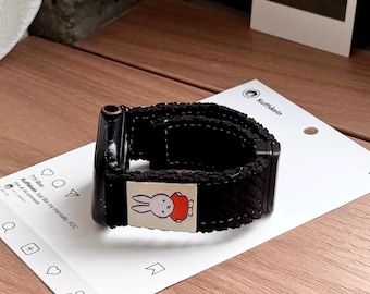 Bunny Apple Watch-band, zwart geweven kawaii-bandje