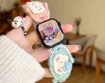 Crochet Cat Apple Watch Band, Pastel Coquette Kitten Watch Strap, Y2K Bracelet, Handmade Yarn