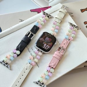 Kawaii Pastel Beaded Apple Watch Band | Cute Cat Eye Stone Leather Strap for 38mm 40mm 41mm 42mm 44mm 49mm