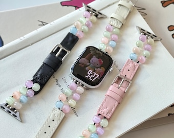 Kawaii Pastel Beaded Apple Watch Band | Cute Cat Eye Stone Leather Strap for 38mm 40mm 41mm 42mm 44mm 49mm