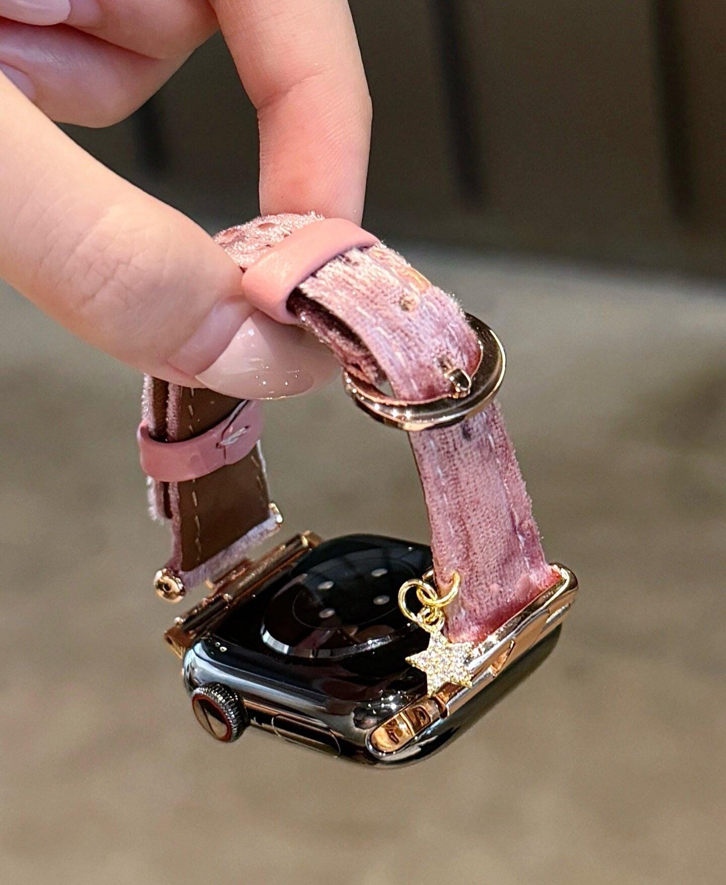 Velvet Apple Watch Band with Star Charm,Coquette Saturn Orb Strap,Pink  Beige Black Burgundy,Y2K Fairy Grunge Jewelry,Series 10 SE Ultr