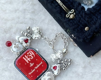 Silver Bow Bear Charm Bracelet, Y2K Beaded Apple Watch Band, Kawaii Jewelry