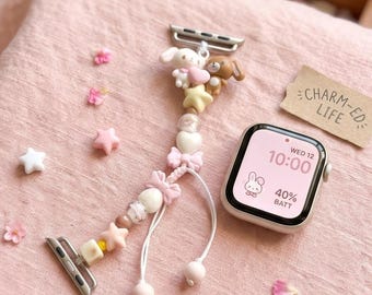 Kawaii Bunny Bear Charm Apple Watch Band Coquette Pink Bow Beaded Strap Cute Pastel Aesthetic Bracelet Gift for Her