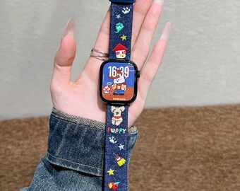 Embroidered Puppy Dog Canvas Apple Watch Band – Kawaii Dog Lover Accessory