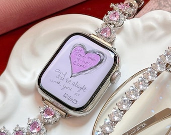 Heart Crystal Apple Watch Band - Silver Chain Bracelet with Pink or White Zirconia Gems for Series 10/9/SE/Ultra