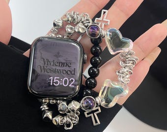 Y2K Gothic Cross Heart Charm Apple Watch Band Dark Coquette Cybercore Strap Black Bead Silver Chain Bracelet Unique Gift Her
