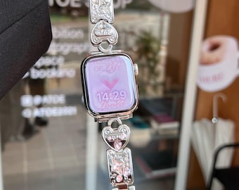 Cyber Y2K Apple Watch Band Heart & Star Metal Bracelet, Pink Crystal Jewelry Strap for iWatch Series 10 9 8 7 SE Ultra