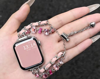 Pink Rhinestone Coquette Chain Bracelet Apple Watch Band Silver Dangle Heart Charm Cute Girly Accessories Jewelry Strap Gift for Her