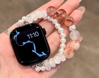 Fairycore Pink Quartz Pearl Apple Watch Band – Elegant Coquette Stretch Bracelet