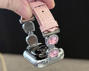 Pink Jewel Leather Apple Watch Band: Y2K Princess Bling Bracelet