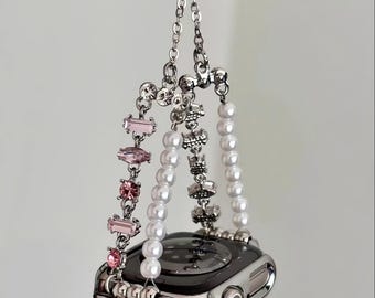 Fairycore Pearl and Gemstone Chain Apple Watch Band Y2K Dainty Silver Bling Cute Watch Strap Coquette Jewelry Gift for Her