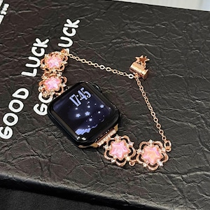 NEW Black/Pink Apple Watch Band with Rose Gold Charms Rose Gold Chain Apple Watch Band: Black Leatherette Strap  main image 3