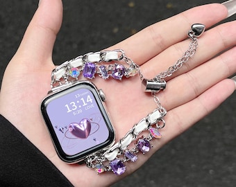 Purple Gem Silver Chain Woven Apple Watch Band Y2K Fairycore Bling Jewelry Watch Strap Cute Coquette Gift for Her