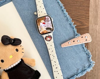 Kawaii Polka Dot Kitty Charm Apple Watch Band Cute Character Watch Strap Y2K Aesthetic Bracelet Smartwatch Accessories Gift For Her