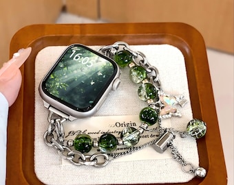 Fairycore Green Beaded Apple Watch Band with Butterfly Charm Bracelet