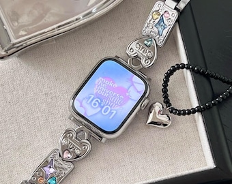 Y2K Heart Lock Apple Watch Band Silver, Cybercore Star Crystal Bracelet for iWatch Series 10 9 8 7 SE Ultra, Kawaii Watch band,Gift for Her