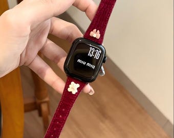 Coquette Bear Bow Charm Apple Watch Band, Suede Kawaii Watch Strap Bracelet