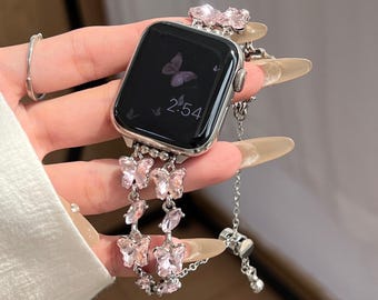 Coquette Butterfly Crystal Apple Watch Band Y2K Fairycore Bling Strap Cute Silver Chain Bracelet Aesthetic Jewelry Gift for Her