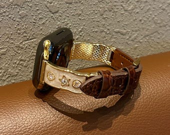 Vintage Enamel Star Apple Watch Band - Brown Croc Leather & Gold Crystal Connector Strap for Series 10/9/SE/Ultra