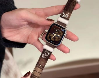 Coquette Plaid Bear Apple Watch Band – Fluffy Winter Strap, Kawaii Bracelet