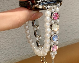Perlen und bunte Kristall Apple-Armband, Silber Perlen Armband mit Herz Charme, verstellbarer zierlicher Schmuck für iWatch