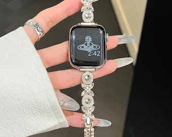Y2K Silver Zircon Apple Watch Band | Cybercore CZ Charm Strap for 40mm 41mm 42mm 44mm 45mm and Ultra