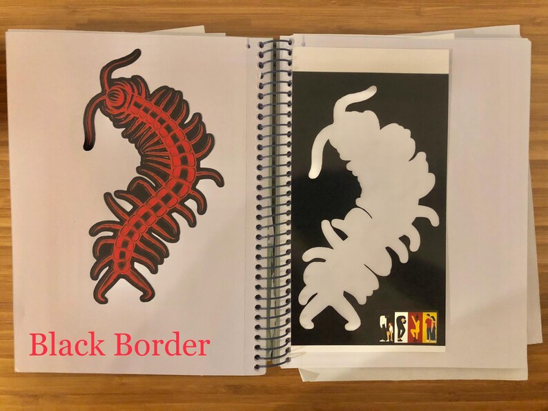 May include: An open spiral-bound sketchbook displays two illustrations of a centipede-like creature. One is red and black on white, the other is a white silhouette on black. The text "Black Border" is at the bottom.