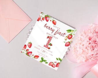 Berry First Birthday Invitation Template: Strawberry Party (Canva Template)