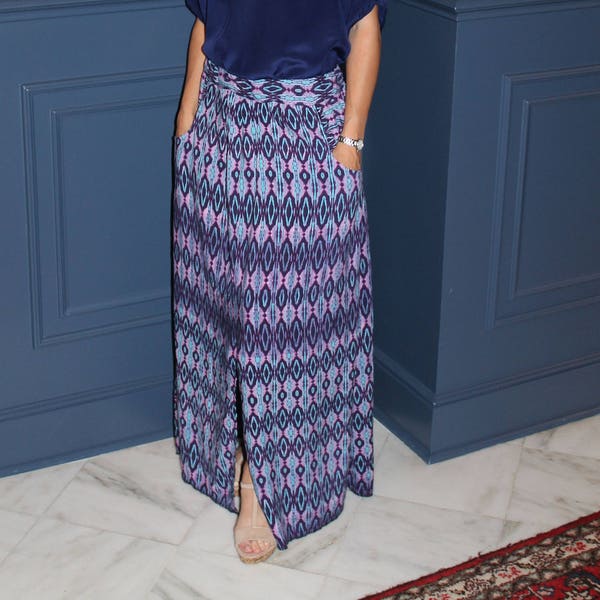 Women’s beginner Maxi Skirt with pockets pdf Sewing Pattern, boho summer skirt sewing pattern, Center Slit casual a line skirt