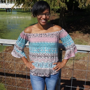 Women&#39;s Off the Shoulder Top pdf sewing pattern; summer cold shoulder pdf sewing pattern for women, boho trendy shirt pdf pattern